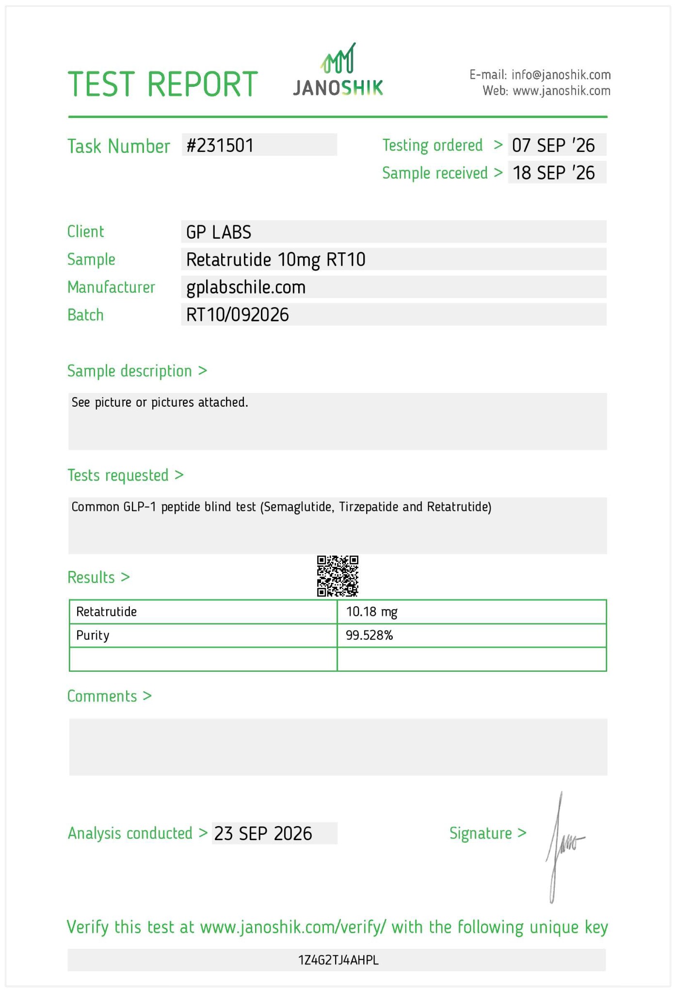 Certificado de análisis independiente Janoshik · Retatrutide 10 mg · 99.528% pureza